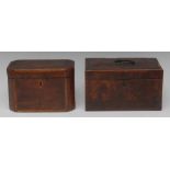 A George III burr yew canted rectangular tea caddy, hinged cover enclosing twin compartments,