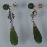 A pair of Chinese jade and yellow metal drop earrings,