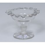 A George III opaque twist jelly glass, ogee bowl with crimped everted rim, knopped stem,