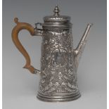 A George II silver spreading cylindrical coffee pot, bell-shaped knop finial, hinged domed cover,