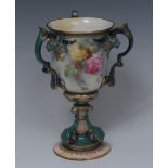 A Royal Worcester Hadley three handled pedestal vase, decorated with yellow and red roses,