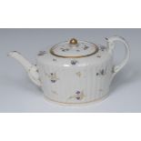 A Caughley fluted tapering cylindrical reeded teapot and cover, painted with scattered cornflowers,