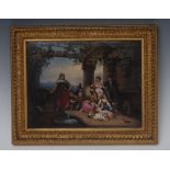 A Continental rectangular plaque, painted with Romany family scene in a court yard, 18cm x 24cm,