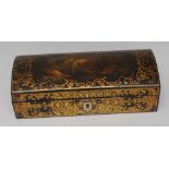 A Victorian papier mache rectangular writing companion, hinged domed cover painted with a landscape,