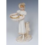 A Royal Worcester Kate Greenway style figural spill vase, of a girl holding an oversize basket,