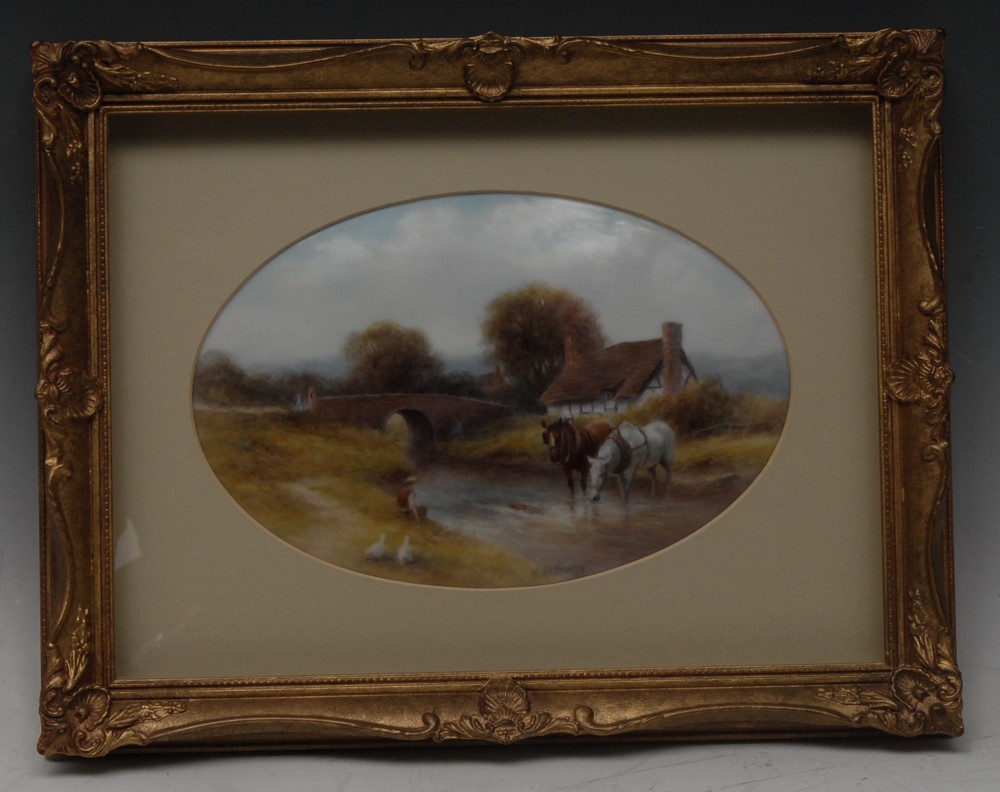 An English porcelain plaque, painted by Milwyn Holloway, signed, with shire horses watering, 14.