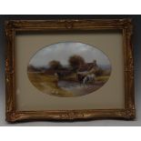 An English porcelain plaque, painted by Milwyn Holloway, signed, with shire horses watering, 14.