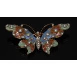 A diamond mounted plique a jour enamelled butterfly brooch, multi coloured green,