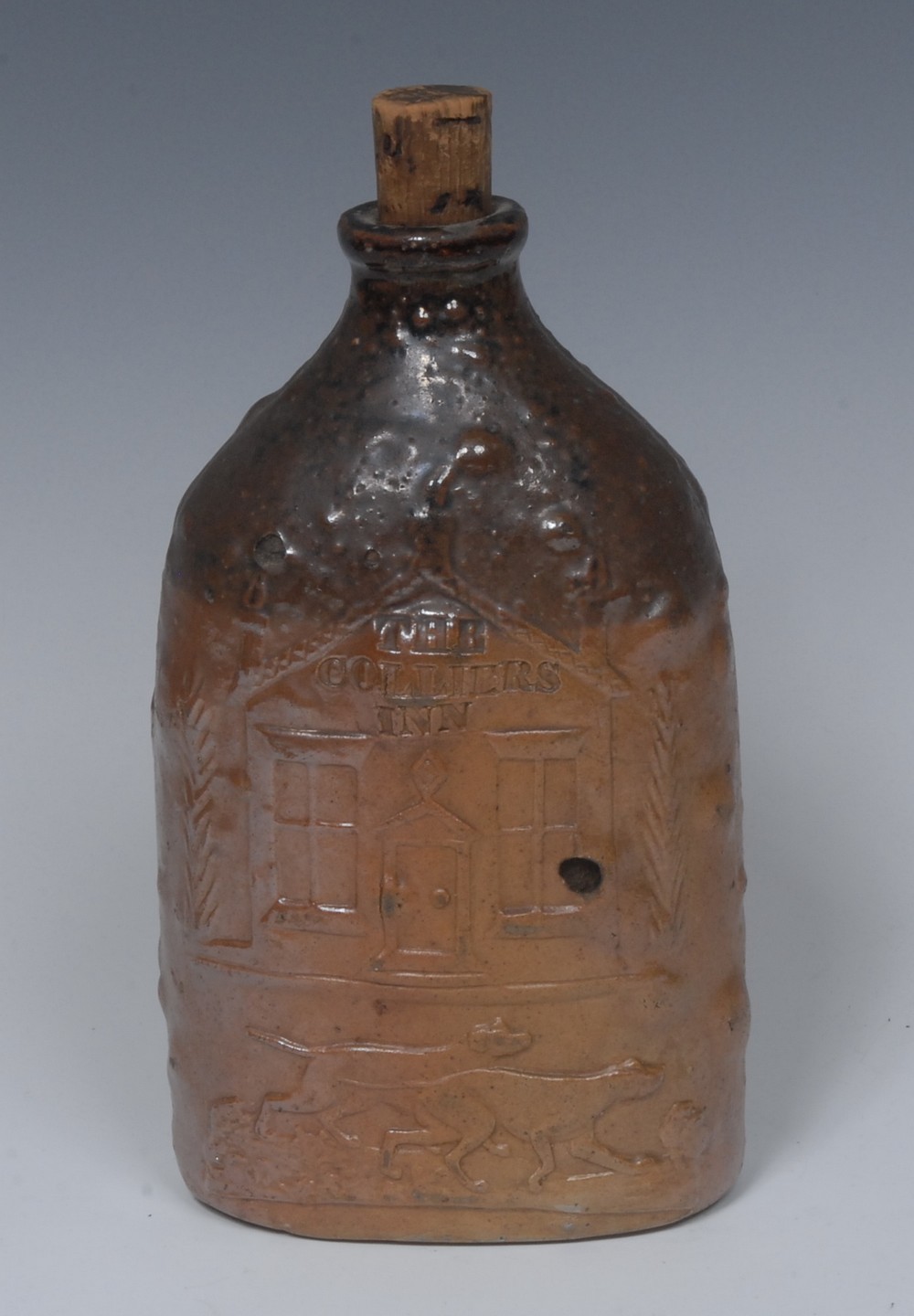 A 19th century brown salt glazed stoneware flask, possibly Derbyshire/Nottinghamshire,