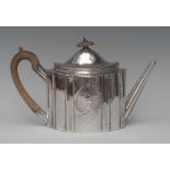 A George III silver commode shaped teapot, knop finial, hinged domed cover, wriggle-work borders,
