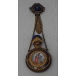 A 19th century enamel moon shaped chatelaine scent bottle, painted with a courting couple,