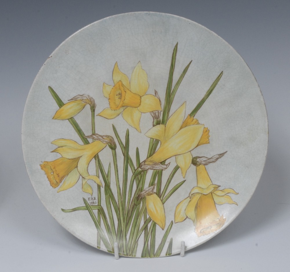 A late 19th century circular plate, painted by Ellen Benham, signed with initials, dated 1880,