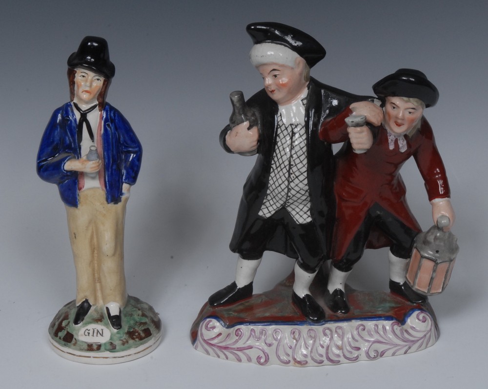 19th century Staffordshire pottery figure group, The Parson and Night watchman,
