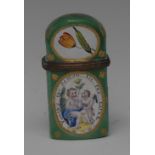 An early George III South Staffordshire green enamel rounded rectangular scent bottle etui,