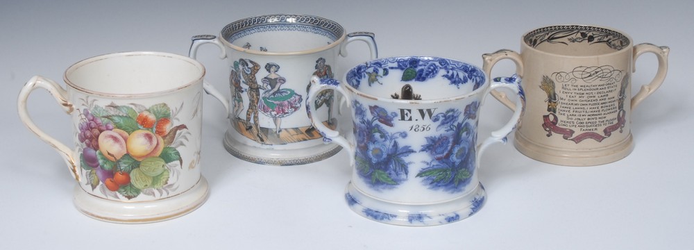 A Staffordshire Frog Flow Blue loving cup, the interior with spotted toad and newt,
