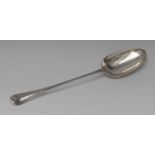 A George I silver Hanoverian pattern stuffing spoon, rat tail bowl, 32cm long, John Wrenn I,