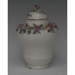 A Mennecy lobed ogee shaped vase and cover, encrusted with band of flowers to shoulders,