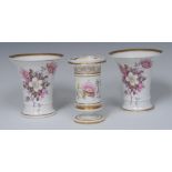 A pair of English porcelain flared cylindrical spill vases, painted with apple blossom,