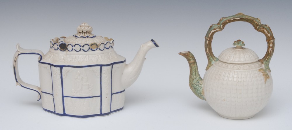 A Castleton teapot, in relief with classical figures, outlined in blue, 16cm high, c.