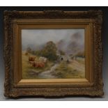 An English porcelain plaque, painted by Milwyn Holloway, signed, with highland cattle, 13.