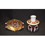 A Royal Crown Derby 1128 pattern squat vase, first quality, boxed; another, shaped trinket dish,