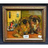 A Victorian reverse glass painting of Pekingese dogs