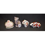 A Royal Crown Derby paperweight, Cat, gold stopper; others, Pig, solid stopper; Squirrel,