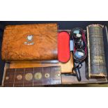 Boxes & Objects - a Victorian inlaid box; oak canteen, binoculars, bible, playing cards,