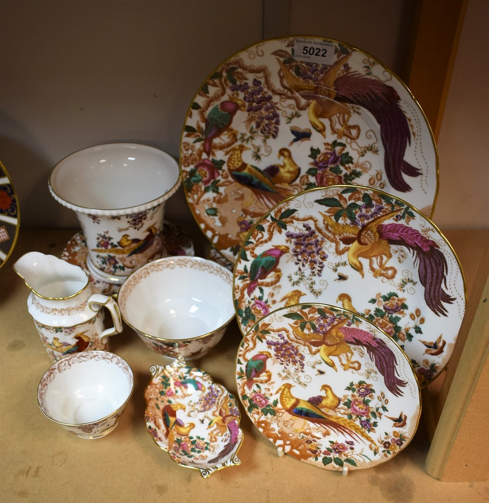 A Royal Crown Derby Olde Avesbury pattern flared cylindrical vase, milk jug and sugar bowl,