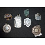 A silver fob vesta case, fob medals,