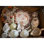 A Royal Crown Derby Posie pattern teapot, milk jugs, cups and saucer,