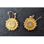 A pair of Victorian turquoise inset yellow metal earrings,