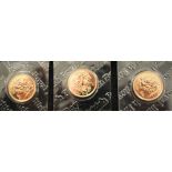 Three proof 2006 UK gold sovereigns sealed in plastic and in an Imperial Coins half sovereign case