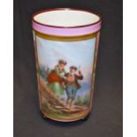 A 19th century German cylindrical vase, painted with Alpine couple on a rural path,