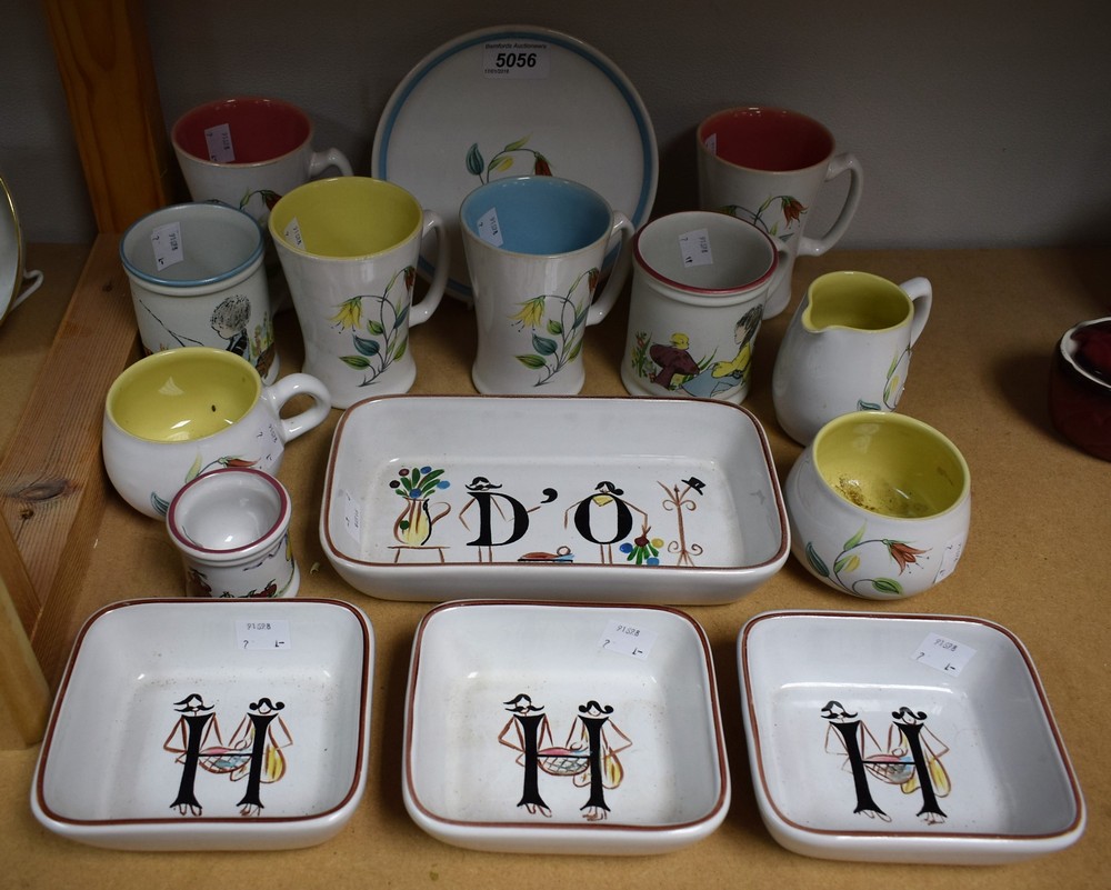 A Denby Dreamweaver mug; another; hors d'oeuvre dishes; Langley Mill Pottery mugs;