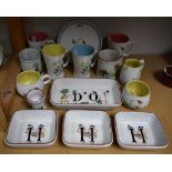 A Denby Dreamweaver mug; another; hors d'oeuvre dishes; Langley Mill Pottery mugs;