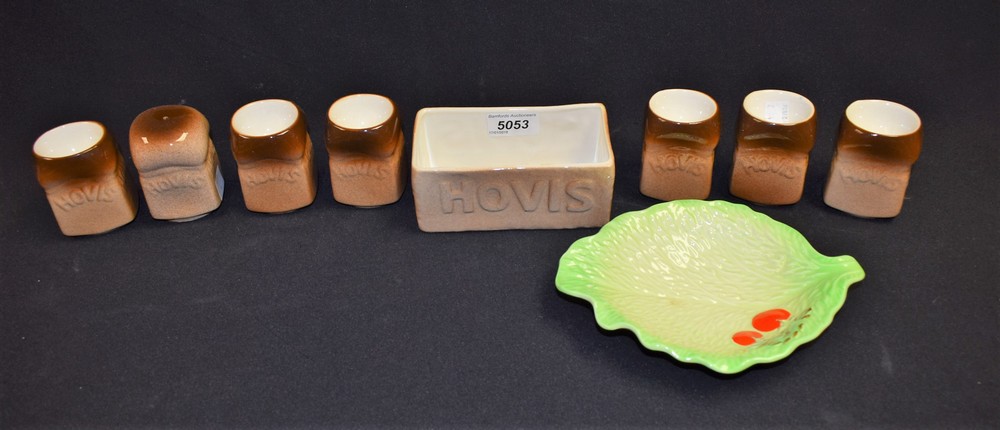 A Carlton Ware novelty Hovis bread promotional set of six eggcups, salt pot,