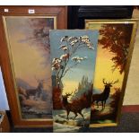 E Moore Stags at Bay signed, oil; another, similar, signed Stags at Bay; another,