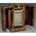 A late 19th century French champleve enamel miniature carriage timepiece,