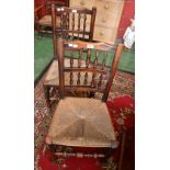 Five spindle back rustic dining chairs, raffia seat,