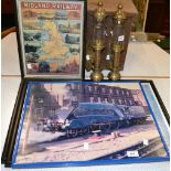 Railwayana - a pair of GWR brass carriage lamps; a pair of late 20th century French railway posters;