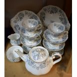 A Royal Albert Silver Maple tea set for six comprising teapot, cream jug, sugar bowl, cake plates,
