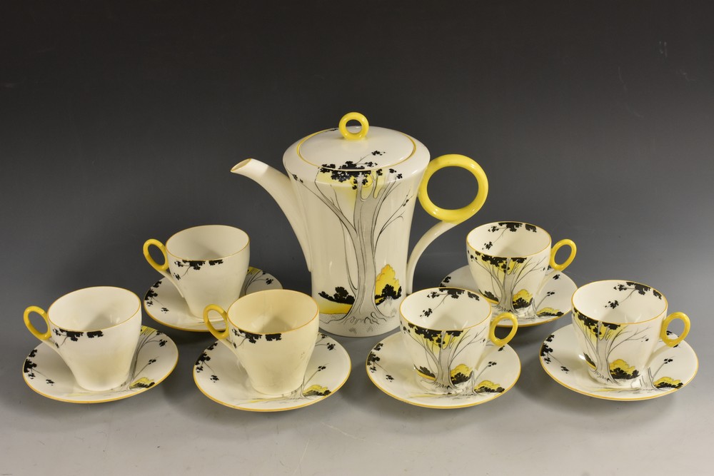 A Shelley Sunlight and Tall Trees pattern Oxford shape coffee set, comprising coffee pot,