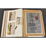 An interesting morocco leather folio of watercolours, prints and works on paper,