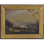 English School (19th century) Picturesque View, Figures Beside a Lake inscribed to verso,