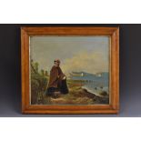 English Primitive School (19th century) Young Lady at the Coast oil on board, 39.5cm x 45.