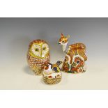 Royal Crown Derby Paperweights - Goldfinch Nesting, gold stopper; Owl,