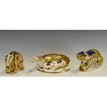 Royal Crown Derby Paperweights - Chameleon, gold stopper; Crocodile, gold stopper; Snake,