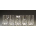 A set of 5 Kosta Boda tumblers acid etched with Hare, Fox, Pheasant, Moose,