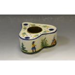 A Quimper faience heart shaped inkwell, painted marks, c.